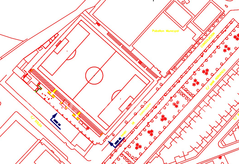 Imagen adjunta a la licitacin sobre los planos del San Juan Bosco. Las salidas (en amarillo) estaran en la zona que da a la feria