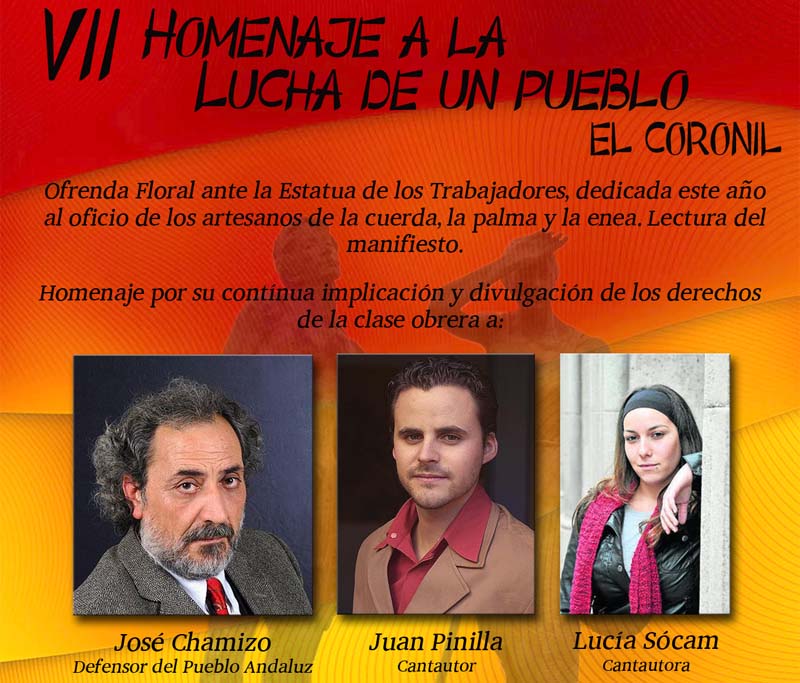 El Coronil homenajea a Jos Chamizo, Juna Pinilla y Luca Scam por compromiso con la clase obrera